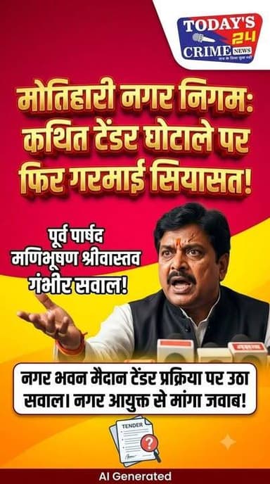 मोतिहारी नगर निगम के कथित टेंडर घोटाले पर फिर गरमाई सियासत, पूर्व पार्षद ने उठाए सवाल
मोतिहारी नगर निगम में कथित टेंडर घोटाले का मामला एक बार फिर चर्चा में आ गया है। नगर निगम के पूर्व वार्ड पार्षद एवं पार्षद संघ के पूर्व अध्यक्ष मणिभूषण श्रीवास्तव ने सोमवार को प्रेस वार्ता कर नगर भवन मैदान में प्रदर्शनी लगाने के लिए हुए टेंडर की प्रक्रिया पर गंभीर सवाल उठाए और नगर आयुक्त से जवाब मांगा।।।।।।।।।।
#champaranfirstnews #chakianew #motiharinews #amiteshkumar #biharnews #ranita #news18biharjharkhand #bihareksoch #motiharipolice #motiharinewsupdate #Todays_24_Crime_News #motiharpolice #motihari #motiharisp #SSB #ssbmotihari #nepal #nepalnews #NepaliNewsToday #NepalPolitics #IndoNepalBorder #IndoNepal #Internacional #international #InternationalNews #international #internationalrelations #BMW #MangalPandey #helthdipartmentbihar