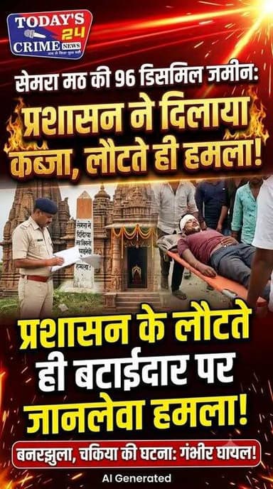 सेमरा मठ की 96 डिसमिल जमीन पर प्रशासन ने दिलाया कब्जा, प्रशासन के लौटते ही बटाईदार पर जानलेवा हमला
पूर्वी चंपारण जिले के चकिया थाना क्षेत्र अंतर्गत बनरझुला गांव में मंगलवार को प्रशासन की मौजूदगी में राम जानकी मठ की 96 डिसमिल जमीन पर कब्जा दिलाया गया। लेकिन प्रशासन के मौके से लौटते ही जमीन पर बुआई कर रहे नए बटाईदार पर कथित रूप से जानलेवा हमला कर दिया गया, जिससे वह गंभीर रूप से घायल हो गए।।।।।।
#champaranfirstnews #chakianew #motiharinews #amiteshkumar #biharnews #ranita #news18biharjharkhand #bihareksoch #motiharipolice #motiharinewsupdate #Todays_24_Crime_News #motiharpolice #motihari #motiharisp #SSB #ssbmotihari #nepal #nepalnews #NepaliNewsToday #NepalPolitics #IndoNepalBorder #IndoNepal #Internacional #international #InternationalNews #international #internationalrelations #BMW #MangalPandey #helthdipartmentbihar