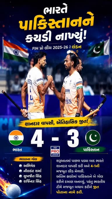 લંડનમાં રમાયેલી FIH પ્રો લીગ 2025-26ની રોમાંચક મેચમાં ભારતે પાકિસ્તાનને 4-3થી હરાવ્યું. શરૂઆતમાં પાછળ પડ્યા બાદ ભારતે શાનદાર વાપસી કરી અને અભિષેક, નીલકંઠ શર્મા, સુખજીત સિંહ અને રાજિન્દર સિંહના ગોલથી 4-1ની મજબૂત લીડ મેળવી. અંતિમ ક્ષણોમાં પાકિસ્તાને બે ગોલ કરીને દબાણ બનાવ્યું, પરંતુ ભારતીય ટીમે મજબૂત બચાવ કરીને જીત પોતાના નામે કરી
#landan #hoki