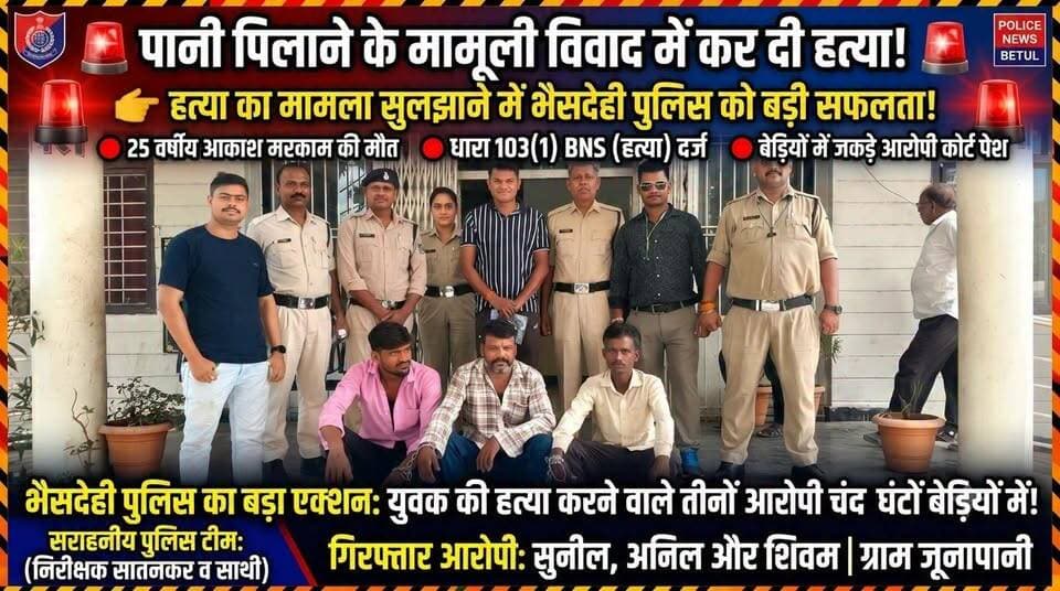 बैतूल पुलिस का बड़ा एक्शन: पानी पिलाने के विवाद में कर दी थी हत्या, भैसदेही पुलिस ने चंद घंटों में तीनों आरोपियों को दबोचा!
"अपराध का काउंटडाउन शुरू: कानून को हाथ में लेने वालों को बैतूल पुलिस ने पहुंचाया सलाखों के पीछे।"
बैतूल (भैसदेही)। जिला पुलिस अधीक्षक श्री वीरेन्द्र जैन के कड़े रुख और निर्देशन में भैसदेही पुलिस ने ग्राम जूनापानी में हुई अंधी हत्या की गुत्थी को महज कुछ ही घंटों में सुलझा लिया है। बहू को लेने गए परिवार पर हमला कर युवक की जान लेने वाले तीन सगे आरोपियों को पुलिस ने बेड़ियों में जकड़कर कोर्ट में पेश किया, जहाँ से उन्हें जेल भेज दिया गया है।
🔥 क्या थी वारदात? (क्राइम इनसाइड स्टोरी)
तारीख 21 जून: मरामझिरी निवासी फरियादी प्रवीण मरकाम अपने बेटे की ससुराल (ग्राम जूनापानी) बहू को विदा कराने गए थे।
विवाद की वजह: वहां सिर्फ 'पानी पिलाने' जैसी मामूली बात को लेकर दोनों पक्षों में कहासुनी हो गई।
खूनी संघर्ष: ससुराल पक्ष के लोगों ने आव देखा न ताव और गाली-गलौज करते हुए लाठी-डंडों से जानलेवा हमला कर दिया। इस हमले में 25 वर्षीय युवक आकाश मरकाम गंभीर रूप से घायल हो गया, जिसकी इलाज के दौरान मौत हो गई।
⚡ पुलिस का क्विक एक्शन:
हत्या की खबर मिलते ही एएसपी श्री कमलेश खरपुसे और एसडीओपी श्री भूपेन्द्र सिंह मौर्य के मार्गदर्शन में विशेष टीम एक्टिव हुई। पुलिस ने तत्परता दिखाते हुए नए कानून की धारा 103(1) BNS (हत्या) के तहत मामला दर्ज किया और घेराबंदी कर तीनों आरोपियों को चंद घंटों में दबोच लिया।
👥 गिरफ्तार आरोपियों की कुंडली:
सुनील पिता बुद्धु वाडिवा (उम्र 47 वर्ष)
अनिल पिता बुध्देसिंह वाडिवा (उम्र 40 वर्ष)
शिवम पिता सुनील वाडिवा (उम्र 21 वर्ष)
(सभी निवासी: ग्राम जूनापानी, भैसदेही)
👏 भैसदेही पुलिस की जांबाज टीम:
इस त्वरित और सराहनीय कार्रवाई में भैसदेही थाना प्रभारी निरीक्षक राजेश सातनकर, उप निरीक्षक आशीष कुमरे, उप निरीक्षक जयवंती श्रवणकर, प्रधान आरक्षक पंजाबराव परते, आरक्षक नारायण जाट, मनोज, तनवीर, सोनू कुमार, सुनील इवनाती, नरेन्द्र एवं महिला आरक्षक जिया की मुख्य भूमिका रही।
📢 बैतूल पुलिस की जनअपील: आपसी या पारिवारिक विवादों को हिंसा का रूप न दें। कानून हाथ में लेने के बजाय पुलिस (डायल 112) की मदद लें।
#BetulPolice #BhaisdehiCrime #MurderCaseSolved #BetulNews #MPPolice #ActionNews