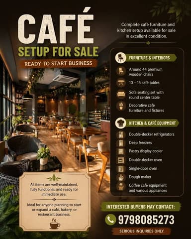 CAFÉ SETUP FOR SALE – READY TO START YOUR DREAM CAFE BUSINESS!
Available for Jamshedpur & Ranchi
A complete café setup is now available for sale in excellent condition. From premium furniture to essential kitchen and café equipment, everything you need to start or expand your café, bakery, or restaurant business is ready for immediate use.
✔️ Premium wooden chairs & café tables
✔️ Sofa seating & decorative interiors
✔️ Display coolers, refrigerators & freezers
✔️ Ovens, dough maker & coffee equipment
✔️ Well-maintained, functional, and business-ready setup
Skip the hassle of setting up from scratch and get a professionally designed café environment at a fraction of the cost.
📞 Interested buyers may contact: 9798085273
📍 Serious inquiries only.
#CafeForSale #CafeSetup #RestaurantBusiness #CafeBusiness #BakerySetup