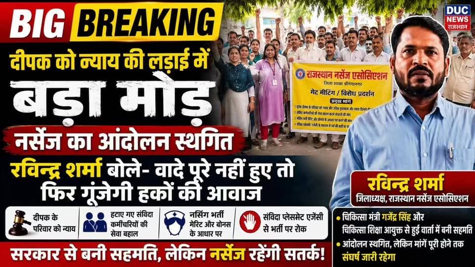 दीपक को न्याय की लड़ाई में बड़ा मोड़, नर्सेज का आंदोलन स्थगित, रविन्द्र शर्मा बोले- वादे पूरे नहीं हुए तो फिर गूंजेगी आवाज
#NursesVictory #RavindraSharma #DeepakKoNyay #RajasthanNurses #NursesProtest #SriganganagarNews #HealthcareHeroes #DucNewsRajasthan #BreakingNews #JusticeForDeepak