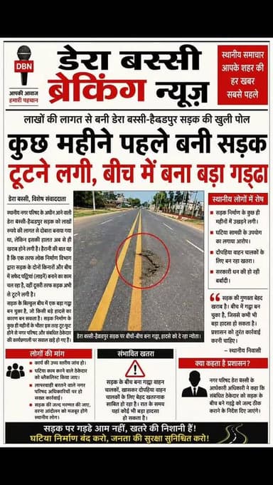 लाखों की लागत से बनी डेरा बस्सी-हैबतपुर सड़क कुछ महीनों में ही उखड़ने लगी
नई सड़क की खुली पोल, बीच सड़क बना गड्ढा बना हादसों का खतरा