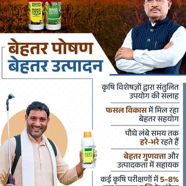 कृषि विशेषज्ञ नैनो उर्वरकों के संतुलित उपयोग को प्रोत्साहित करते हैं, क्योंकि इससे फसलों को पोषक तत्वों की बेहतर उपलब्धता सुनिश्चित करने में सहायता मिलती है। इसके परिणामस्वरूप फसलों का विकास बेहतर होता है, पौधे लंबे समय तक हरे-भरे बने रहते हैं तथा उपज की गुणवत्ता और उत्पादकता में सकारात्मक सुधार देखने को मिलता है। कई कृषि परीक्षणों में संतुलित उपयोग की स्थिति में 5 से 8 प्रतिशत तक उत्पादन वृद्धि के संकेत भी प्राप्त हुए हैं।
नैनो उर्वरक अपनाएं और वैज्ञानिक एवं उन्नत कृषि को नई दिशा दें।