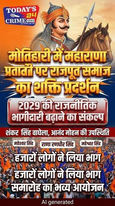 महाराणा प्रताप जयंती पर मोतिहारी में राजपूत समाज का शक्ति प्रदर्शन, 2029 की राजनीतिक भागीदारी बढ़ाने का संकल्प
मोतिहारी जिले में वीर शिरोमणि महाराणा प्रताप की जयंती के अवसर पर रविवार को मोतिहारी के महात्मा गांधी ऑडिटोरियम में राजपूत समाज द्वारा भव्य समारोह का आयोजन किया गया। समारोह में समाज की एकजुटता का व्यापक प्रदर्शन देखने को मिला, जहां हजारों की संख्या में लोगों ने भाग लेकर राजनीतिक भागीदारी बढ़ाने का संकल्प लिया। कार्यक्रम का उद्घाटन गुजरात के पूर्व मुख्यमंत्री शंकर सिंह वाघेला, पूर्व सांसद आनंद मोहन, मधुबन विधायक राणा रणधीर सिंह तथा एमएलसी महेश्वर सिंह सहित अन्य अतिथियों ने दीप प्रज्ज्वलित कर किया।।।।।।।।।।
#champaranfirstnews #chakianew #motiharinews #amiteshkumar #biharnews #ranita #news18biharjharkhand #bihareksoch #motiharipolice #motiharinewsupdate #Todays_24_Crime_News #motiharpolice #motihari #motiharisp #SSB #ssbmotihari #nepal #nepalnews #NepaliNewsToday #NepalPolitics #IndoNepalBorder #IndoNepal #Internacional #international #InternationalNews #international #internationalrelations #BMW #MangalPandey #helthdipartmentbihar