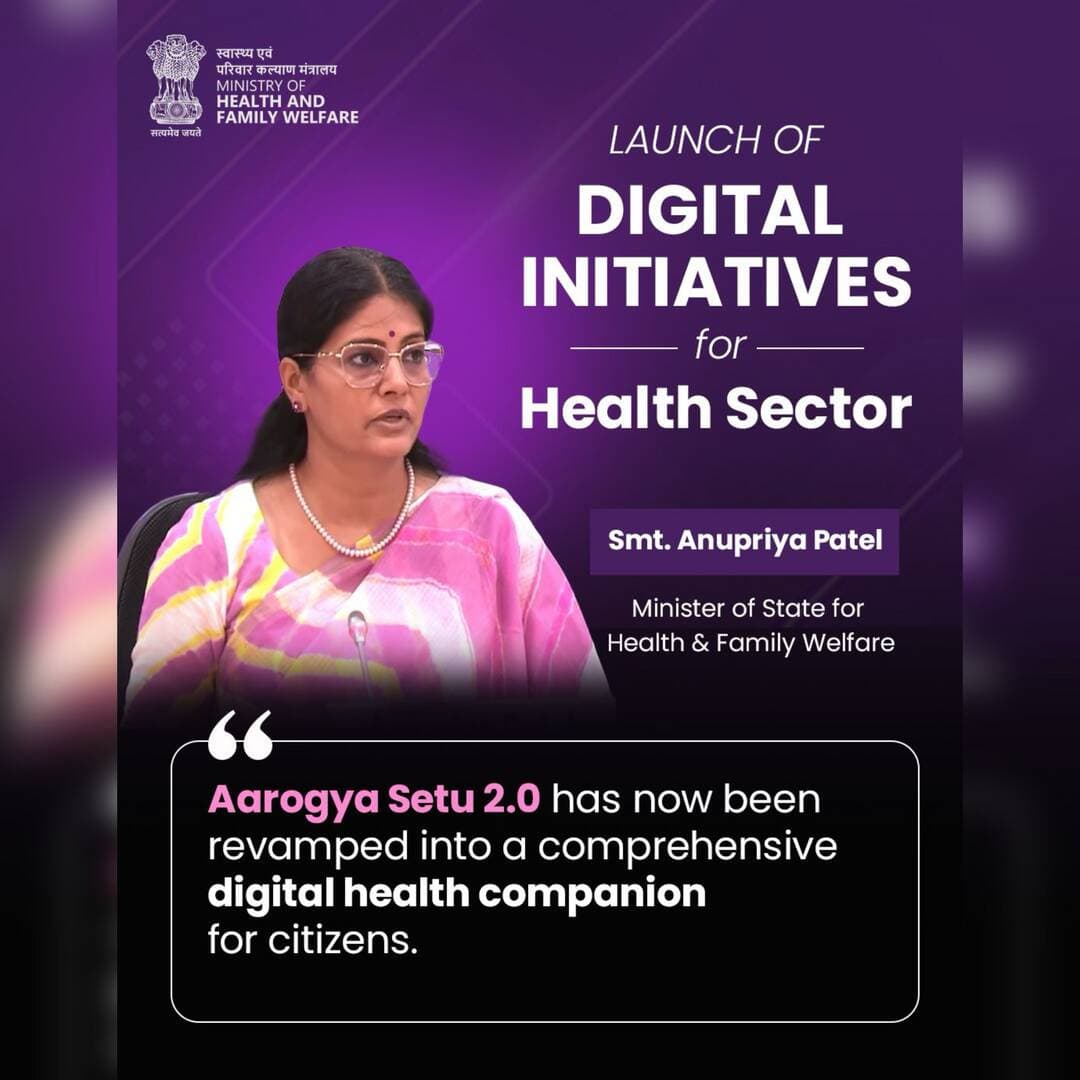 Aarogya Setu 2.0 is here—reimagined as India’s comprehensive digital health companion. Speaking at the Launch of Digital Initiatives for the Health Sector, Smt. Anupriya Patel, Hon’ble Minister of State for Health & Family Welfare, highlighted how the revamped platform will empower citizens with seamless, secure, and integrated access to digital health services. A smarter, more connected healthcare experience for every Indian. #AarogyaSetu2 #DigitalHealth #AyushmanBharat