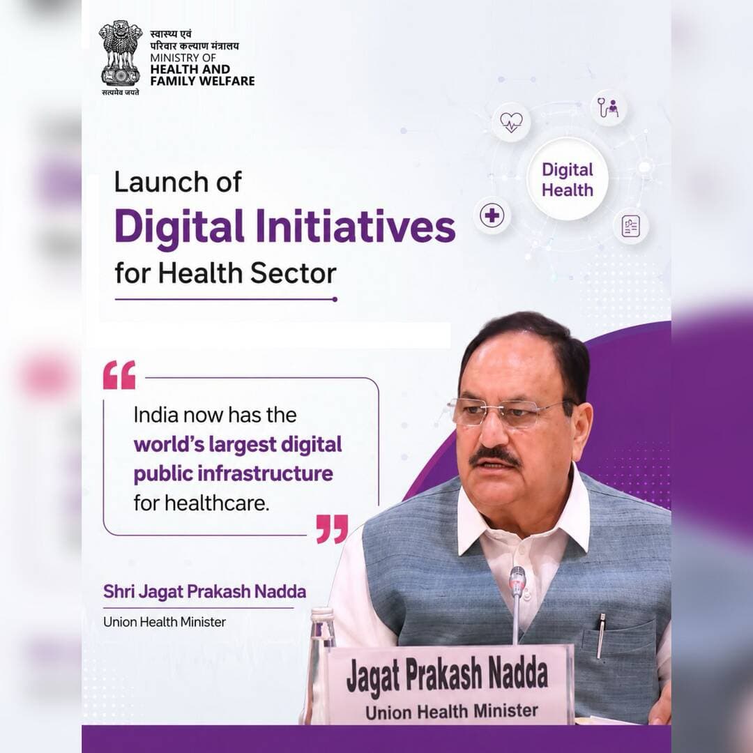 Addressing the Launch of Digital Initiatives for the Health Sector, Union Health Minister Shri Jagat Prakash Nadda emphasized India’s leadership in building a world-class digital health ecosystem. Powered by the Ayushman Bharat Digital Mission and strengthened through the launch of new digital initiatives, India is creating a seamless, secure, and interoperable healthcare infrastructure that empowers citizens with easier access to health services while enabling better continuity of care. #DigitalHealth #ABDM #AarogyaSetu2