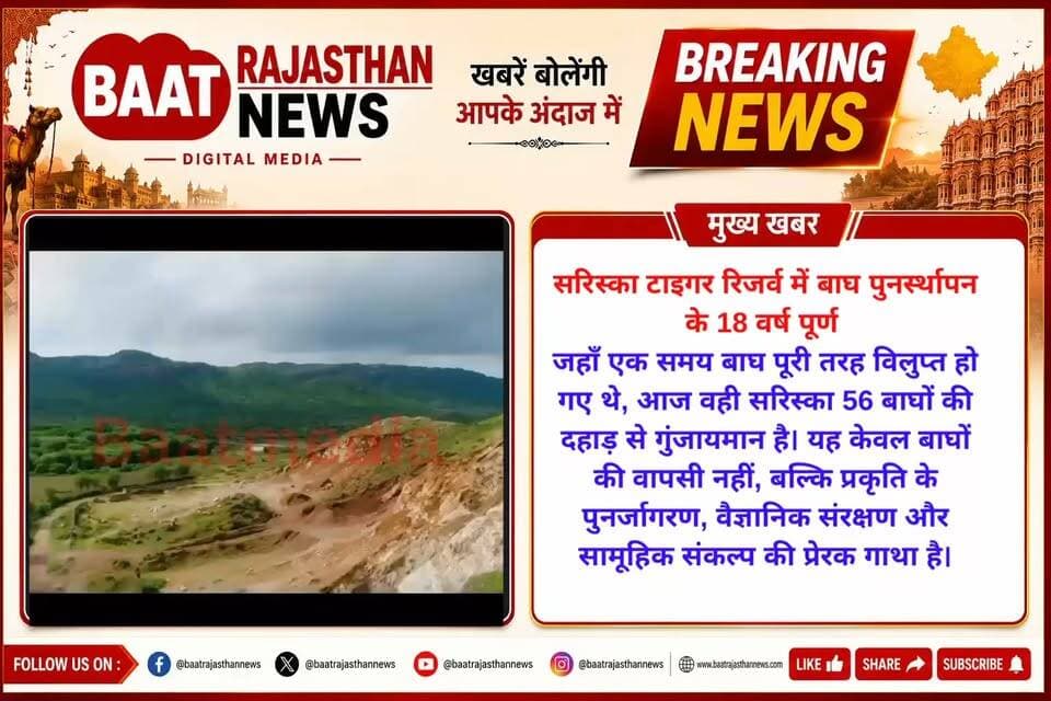 सरिस्का टाइगर रिजर्व में बाघ पुनर्स्थापन के 18 वर्ष पूर्ण
आज भारत विश्व के लगभग 75% जंगली बाघों का सुरक्षित आवास है।
#सरिस्का #baateajasthannews #baatkhabarki #sariska_alwar #tiger