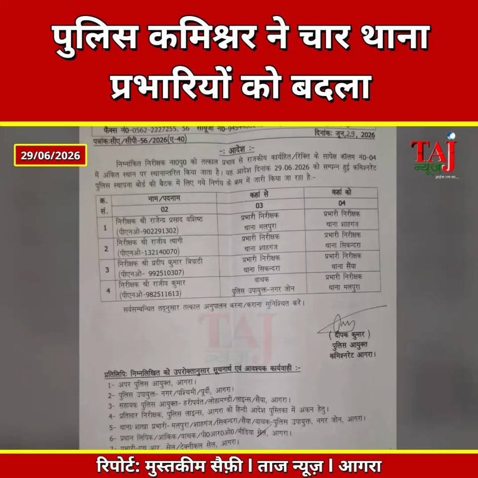 Agra | Inspector Transfer | सिकंदरा, शाहगंज समेत 4 थानों में नए प्रभारी तैनात
Tags: Agra Police, Agra News, Police Transfer, Deepak Kumar, Sikandra Police Station, Shahganj Police Station, Malpura Police Station, Saiya Police Station, Khera Rathore, Police Commissioner Agra, Taj News, Today Express
#AgraPolice #Sikandra #Shahganj #Malpura #Saiya