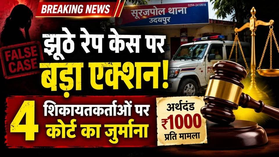 उदयपुर के सूरजपोल थाना क्षेत्र में दर्ज चार दुष्कर्म मामलों की पुलिस जांच में आरोप झूठे पाए गए। इसके बाद पुलिस ने शिकायतकर्ताओं के खिलाफ न्यायालय में इस्तगासे पेश किए। न्यायालय ने चारों मामलों में संबंधित शिकायतकर्ताओं पर एक-एक हजार रुपये का अर्थदंड लगाया है। पुलिस ने कहा है कि झूठे मुकदमे दर्ज कर कानून का दुरुपयोग करने वालों के खिलाफ आगे भी सख्त कार्रवाई जारी रहेगी।#Udaipur #Rajasthan #CrimeNews #FakeCase #PoliceAction #Court #UdaipurPolice #PalPalNewsRajasthan #PalPalRajasthan