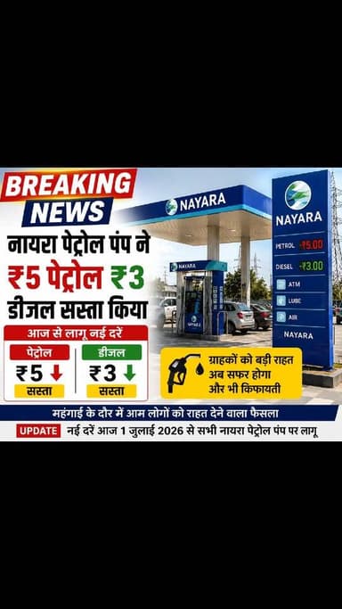 नायरा ने ग्राहकों को दी बड़ी राहत!
पेट्रोल ₹5 और डीजल ₹3 प्रति लीटर सस्ता
आज से लागू हुए नए रेट
#BreakingNews #Nayara #PetrolPrice #DieselPrice