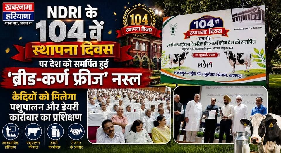 NDRI के 104वें स्थापना दिवस पर देश को समर्पित हुई 'ब्रीड-कर्ण फ्रीज़ नस्ल, कैदियों को मिलेगा पशुपालन और डेयरी कारोबार का प्रशिक्षण
#NDRI #Karnal #DairyFarming #BreedKarnFreeze #AnimalHusbandry #DairyIndustry #Livestock #PrisonReforms #SkillDevelopment #Farmers #Agriculture #HaryanaNews #BreakingNews #LatestNews #IndiaNews #NewsUpdate #KhabarnamaHaryana #Innovation #RuralDevelopment #DairyBusiness