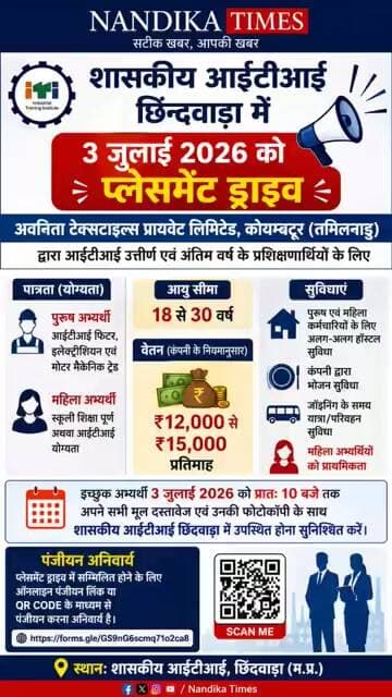 आईटीआई छिंदवाड़ा में 3 जुलाई को प्लेसमेंट ड्राइव | ₹15,000 तक सैलरी | Job Opportunity 2026 #shorts