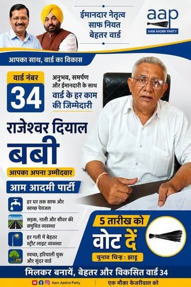 ਵਾਰਡ ਨੰਬਰ 34 ਤੋਂ ਰਾਜੇਸ਼ਵਰ ਦਿਆਲ ਬਬੀ ...