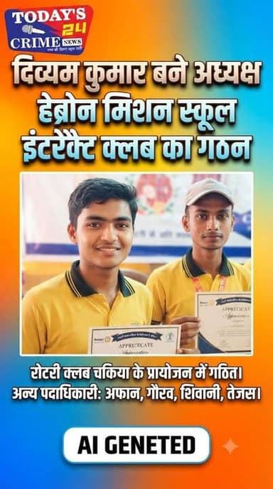 इंटरैक्ट क्लब ऑफ हेब्रोन मिशन स्कूल का गठन, दिव्यम कुमार बने अध्यक्ष
मोतिहारी जिले के चकिया में विद्यार्थियों में नेतृत्व क्षमता, सामाजिक सेवा, अनुशासन एवं सामुदायिक सहभागिता की भावना विकसित करने के उद्देश्य से हेब्रोन मिशन स्कूल, चकिया में इंटरैक्ट क्लब का गठन किया गया। यह क्लब रोटरी क्लब ऑफ चकिया के प्रायोजन में संचालित होगा। नवगठित कार्यकारिणी में दिव्यम कुमार को अध्यक्ष तथा अफान अख्तर को सचिव चुना गया। इसके अलावा गौरव कुमार को उपाध्यक्ष, शिवानी कुमारी को संयुक्त सचिव और तेजस राज गुप्ता को कोषाध्यक्ष की जिम्मेदारी सौंपी गई।।।।।।।।।।
#champaranfirstnews #chakianew #motiharinews #amiteshkumar #biharnews #ranita #news18biharjharkhand #bihareksoch #motiharipolice #motiharinewsupdate #Todays_24_Crime_News #motiharpolice #motihari #motiharisp #SSB #ssbmotihari #nepal #nepalnews #NepaliNewsToday #NepalPolitics #IndoNepalBorder #IndoNepal #Internacional #international #InternationalNews #international #internationalrelations #BMW #MangalPandey #helthdipartmentbihar