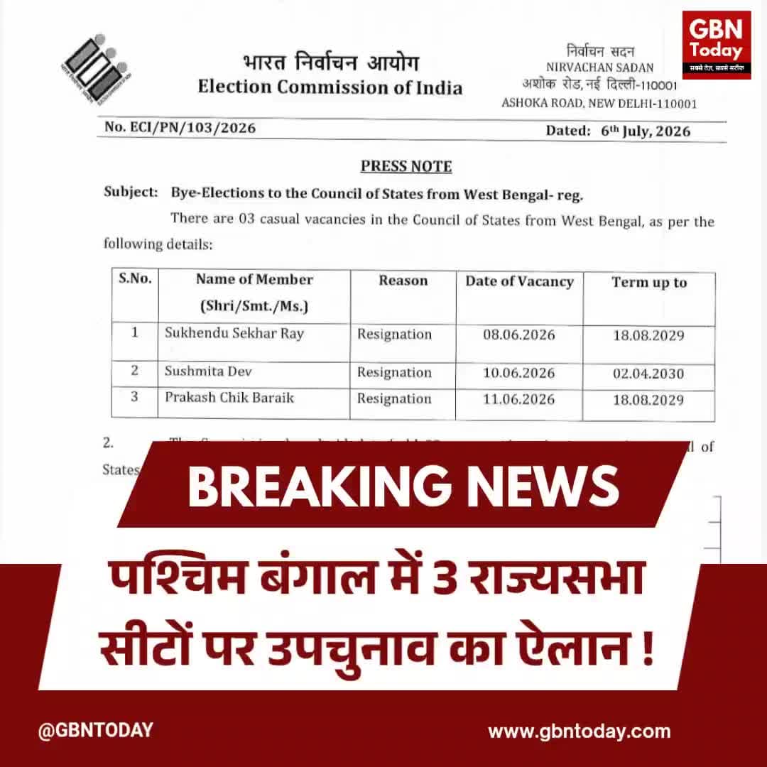पश्चिम बंगाल: 3 राज्यसभा सीटों पर उपचुनाव का ऐलान
#WestBengal #RajyaSabhaElection #ByElection #PoliticalNews #BJP #TMC
