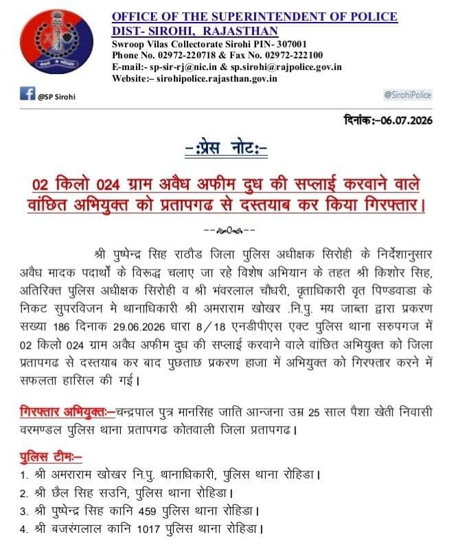 सिरोही, रोहिड़ा पुलिस द्वारा 2 किलो 024 ग्राम अवैध अफीम दूध की सप्लाई करवाने वाले वांछित अभियुक्त को प्रतापगढ़ से दस्तयाब कर किया गिरफ्तार।
@igp_jodhpur
@policerajasthan
<nis:link nis:type=tag nis:id=sirohi nis:value=sirohi nis:enabled=true nis:link/> https://t.co/J3U8PuMBIg