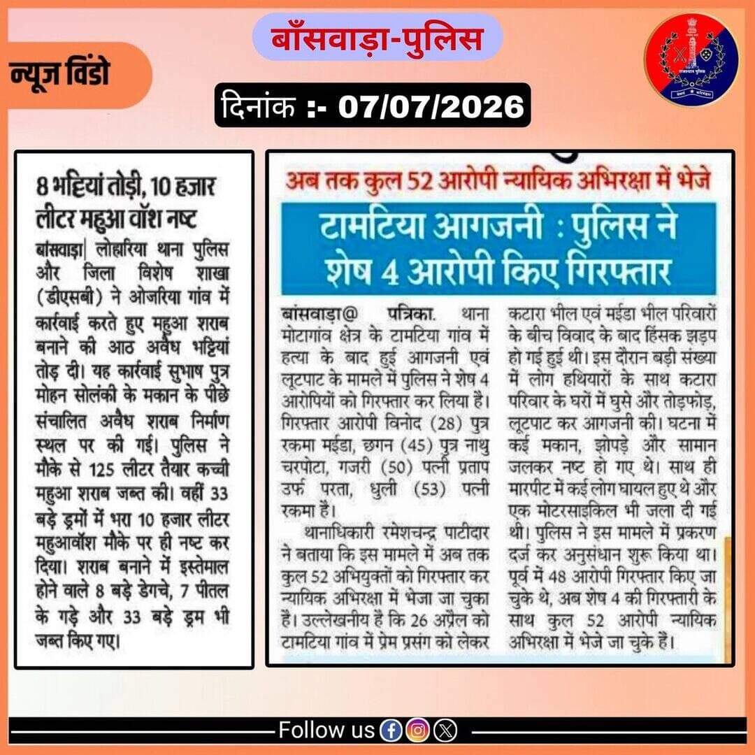 समाचार पत्र दैनिक खबरें
दिनांक- 07/07/2026
@IgpUdaipur
@PoliceRajasthan https://t.co/r62hvvik7a