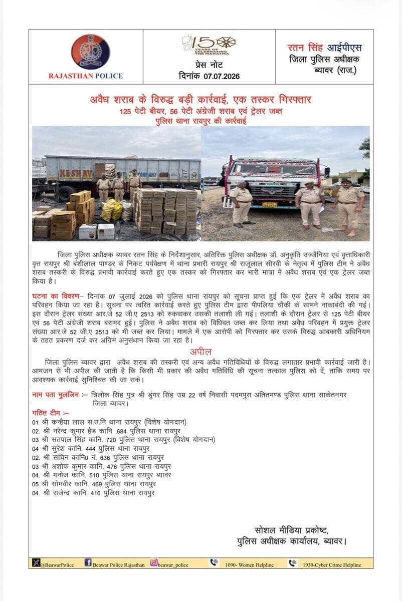 पुलिस थाना रायपुर की अवैध शराब तस्करों के खिलाफ बड़ी कार्यवाही।
@PoliceRajasthan
@IgpAjmer https://t.co/NHj0Z4HP8o