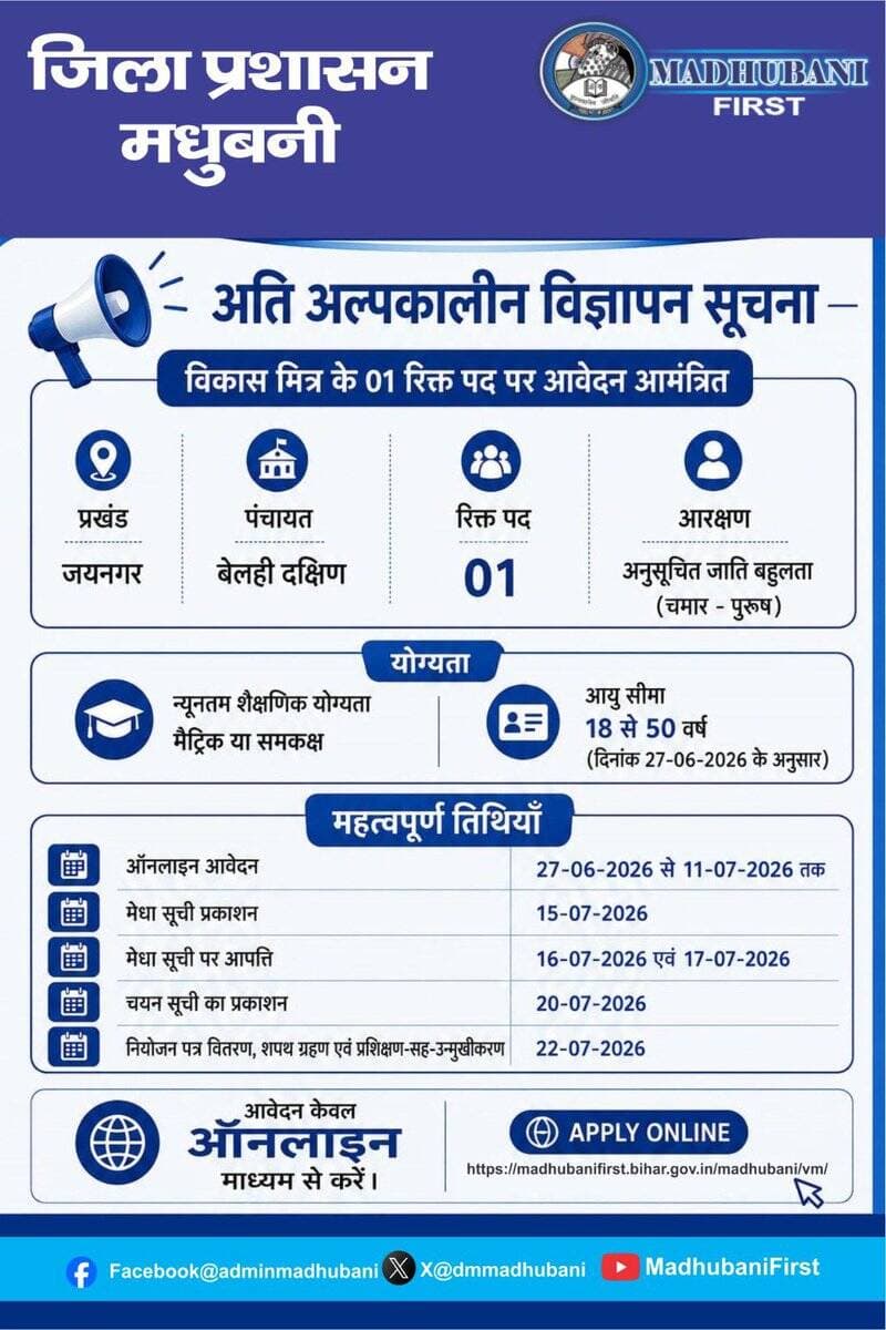 योग्य एवं इच्छुक आवेदक निम्न लिंक पर जाकर आवेदन कर सकते हैं:-
https://t.co/gsMtWFBHsC
<nis:link nis:type=tag nis:id=madhubanifirst nis:value=MadhubaniFirst nis:enabled=true nis:link/> https://t.co/p8gG5yXhpp