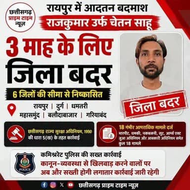 रायपुर में 18 गंभीर मामलों का अपराधी चेतन साहू तड़ीपार
#RaipurPolice #RaipurNews
#ChhattisgarhNews #CrimeNews
#ChhattisgarhPrimeTime