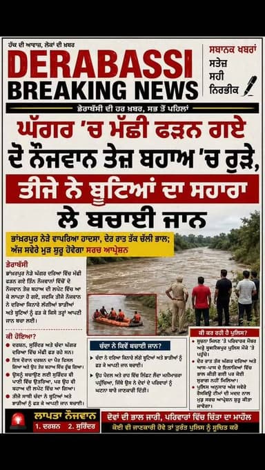 ਘੱਗਰ ਨੇ ਨਿਗਲੇ ਦੋ ਨੌਜਵਾਨ!
ਮੱਛੀ ਫੜਨ ਗਏ ਤਿੰਨਾਂ ਵਿੱਚੋਂ ਦੋ ਤੇਜ਼ ਬਹਾਅ 'ਚ ਲਾਪਤਾ, ਤੀਜੇ ਨੇ ਬੂਟਿਆਂ ਦਾ ਸਹਾਰਾ ਲੈ ਬਚਾਈ ਜਾਨ
ਭਾਂਖਰਪੁਰ ਨੇੜੇ ਦਰਦਨਾਕ ਹਾਦਸਾ • ਰਾਤ ਭਰ ਚੱਲੀ ਭਾਲ • ਅੱਜ ਮੁੜ ਸ਼ੁਰੂ ਹੋਵੇਗਾ ਰੈਸਕਿਊ ਆਪ੍ਰੇਸ਼ਨ#breakingnews #punjabnews #derabassibreakingnews