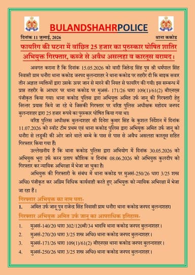 स्वॉट टीम प्रथम एवं थाना ककोड पुलिस द्वारा फायरिंग की घटना में वांछित 25 हजार का पुरुस्कार घोषित शातिर अभियुक्त गिरफ्तार, कब्जे से अवैध असलहा व कारतूस बरामद ।
#UPPolice
#BulandshahrPolice https://t.co/I7cIPltfw7