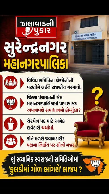 સુરેન્દ્રનગર મહાનગરપાલિકા
વિવિધ સમિતિના ચેરમેનોની વરણીને લઈને રાજકીય ગરમાવો તેજ બન્યો છે. જિલ્લા પંચાયતની જેમ મહાનગરપાલિકામાં પણ ભાજપ સમાધાનનો ફોર્મ્યુલા અપનાવશે કે નવા સમીકરણો જોવા મળશે? ચેરમેન પદ માટે અનેક દાવેદારો ચર્ચામાં છે. હવે પક્ષ કોને જવાબદારી સોંપે છે તેના પર સૌની નજર છે. સત્તાવાર જાહેરાત બાદ જ ચિત્ર સ્પષ્ટ થશે.
#Hashtags
#Surendranagar #SurendranagarMunicipalCorporation #SMC #BJP_GujaratPolitics