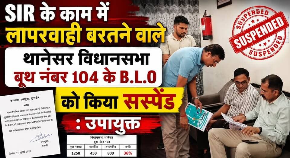 SIR के काम में लापरवाही बरतने वाले थानेसर विधानसभा बूथ नंबर 104 के बीएलओ को किया सस्पेंड - उपायुक्त
#Haryana #Kurukshetra #Thanesar #SIR #BLO #Booth104 #DeputyCommissioner #ElectionCommission #VoterList #AdministrativeAction #Suspended #KurukshetraNews