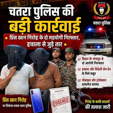 चतरा पुलिस की बड़ी कार्रवाई: प्रिंस खान गिरोह के दो सहयोगी गिरफ्तार, हवाला से जुड़े तार