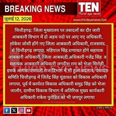 Chittorgarh: लोकेश जोशी होंगे नए जिला आबकारी अधिकारी
#chittorgarhnews #newsupdate #localnews #latestnews