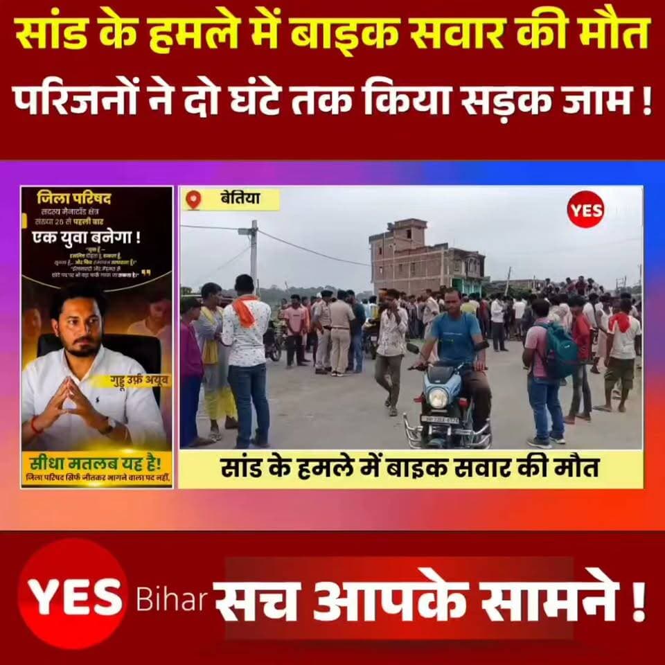 Bihar news : नरकटियागंज में बाइक सवार पर किया सांड ने हमला, मौत, सड़क जाम प्रदर्शन, नरकटियागंज बेतिया मुख्य पथ पर एसएसबी कैम्प के समीप की घटना। नरकटियागंज बेतिया मुख्य पथ पर एसएसबी कैम्प के आगे और सो फवा गाव के समीप शनिवार की रात आम बेच कर घर लौट रहे बाइक सवार पर सांड ने हमला कर दिया. सांड के हमले में घायल व्यक्ति की इलाज के दौरान मौत हो गयी. मृतक की पहचान चनपटिया थाना क्षेत्र के सिस्वनिया गाव निवासी संतोष साह 42 वर्ष के रूप में कई गयी है. मौत के बाद आक्रोशित परिजन शव लेकर नरकटियागंज पहुचे और सड़क जाम कर दिया.इस दौरान करीब दो घण्टे तक सड़क जाम रहा. बाद में पहुची शिकारपुर पुलिस ने आक्रोशित परिजनों को समझा बुझा कर सड़क जाम हटवाया. घटना के बारे में बताया जाता है कि संतोष साह शनिवार की देर रात आएम बेच कर घर लौट रहा था इसी बीच सड़क और खड़े सांड ने हमला कर दिया जिससे वह घायल हो गया स्थानीय लोग उसे लेकर अनुमंडलीय अस्पताल पहुचे जहां गंभीर स्थिति को देखते हुए चिकित्सको ने उसे बेतिया रेफर कर दिया जहां उसकी मौत हो गयी. मृतक की पत्नी प्रेमशीला देवी 13 वर्षीय बेटी अंजली कुमारी, 6 वर्षीय पुत्र रोहित कुमार, 4 वर्षीय पुत्र राहुल कुमार शव से लिपट कर रोते बिलखते रहे।
#Narkatiaganj #WestChamparan #Bihar #BullAttack #RoadAccident #BreakingNews #RoadBlock #Protest #SSBCamp #Chanpatia #LocalNews #Bettiah #BiharNews #TragicIncident #JusticeForVictim #HindiNews #NewsUpdate #IndiaNews #ViralNews #PublicSafety