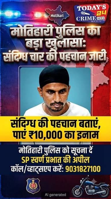मोतिहारी से बड़ी खबर है। रक्सौल थाना क्षेत्र में लगातार हो रही बाइक चोरी की घटनाओं के बीच मोतिहारी पुलिस ने एक संदिग्ध युवक की तस्वीर जारी की है। पुलिस का दावा है कि तस्वीर में दिखाई दे रहा युवक मोटरसाइकिल चोरी की घटनाओं में संदिग्ध है। उसकी पहचान बताने वाले को पुलिस की ओर से 10 हजार रुपये का इनाम देने की घोषणा की गई है। एसपी स्वर्ण प्रभात ने आम लोगों से पुलिस की मदद करने की अपील की है। सूचना देने के लिए पुलिस ने 9031827100 मोबाइल नंबर जारी किया है, जिस पर कॉल या व्हाट्सएप के माध्यम से भी जानकारी दी जा सकती है।।।।
#champaranfirstnews #chakianew #motiharinews #amiteshkumar #biharnews #ranita #news18biharjharkhand #bihareksoch #motiharipolice #motiharinewsupdate #Todays_24_Crime_News #motiharpolice #motihari #motiharisp #SSB #ssbmotihari #nepal #nepalnews #NepaliNewsToday #NepalPolitics #IndoNepalBorder #IndoNepal #Internacional #international #InternationalNews #international #internationalrelations #BMW #MangalPandey #helthdipartmentbihar