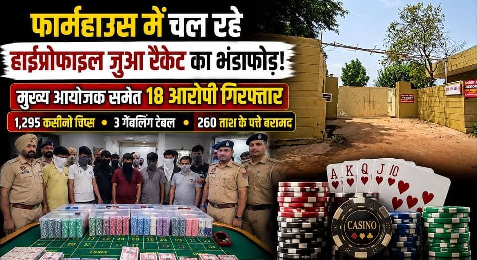 फार्महाउस में चल रहे हाईप्रोफाइल जुआ रैकेट का भंडाफोड़, मुख्य आयोजक समेत 18 आरोपी गिरफ्तार, 1,295 कसीनो चिप्स, 3 गैंबलिंग टेबल और 260 ताश के पत्ते बरामद
#HighProfileRaid #GamblingRacket #FarmhouseRaid #HaryanaPolice #CasinoChips #CrimeNews #BreakingNews #IllegalGambling #LawAndOrder #PoliceAction #HaryanaNews #KhabarnamaHaryana