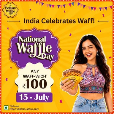 The secret's officially out 🎉
Mark your calendars because National Waffle Day is on 15th July!
To celebrate, we're bringing back the offer you've been waiting for: ANY Waff-Wich for just ₹100 at Belgian Waffle stores across the country.
The countdown starts now 🥳
Head to your nearest “The Belgian Waffle Co” store just Near Zudio, KC Gogoi path, Ward, Khaliamari, Dibrugarh on 15th July and grab your favourite Waff-wich for just ₹100.
- Valid in-store store only
Call the squad. 👫
Save the date. 🗓️
See you on 15th July 🫰🏻