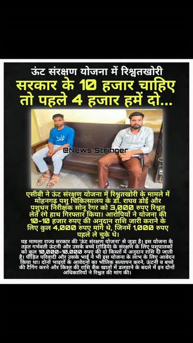 गरीब पशुपालकों से रिश्वत लेते 2 रिश्वतखोर पकड़े गए
सरकार के अनुदान के बदले पैसे लेने
के मामले में एसीबी ने पकड़ा
.
#jeshalmer #bhilwara #rajasthan #post #news