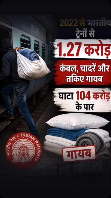 2022 से अब तक भारतीय ट्रेनों से करीब 1.27 करोड़ कंबल, चादरें, तकिए और अन्य लिनेन गायब हो चुके हैं। इससे भारतीय रेलवे को 104 करोड़ रुपये से अधिक का नुकसान हुआ है। रेलवे ने यात्रियों से अपील की है कि ट्रेन में उपलब्ध लिनेन रेलवे की संपत्ति है, इसलिए इसे अपने साथ न ले जाएं। लगातार हो रही चोरी को रोकने के लिए रेलवे निगरानी और जागरूकता बढ़ाने पर जोर दे रहा है।
#IndianRailways #TrainNews #RailwayNews #BreakingNews #indianews