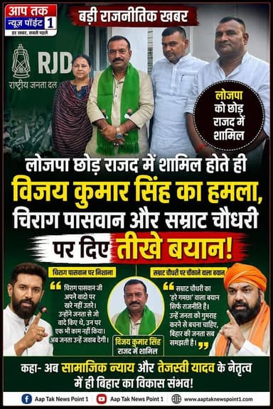 लोजपा छोड़ राजद में शामिल होते ही विजय कुमार सिंह का हमला,चिराग पासवान और सम्राट चौधरी
पर दिए तीखे बयान! #samratchoudhary #BiharPolitics #ChiragPaswan #patna #patnabihar #RJD #TejashwiYadav #LaluPrasadYadav #aurangabad #barun
पटना स्थित राष्ट्रीय जनता दल (राजद) के प्रदेश कार्यालय में सोमवार को राजनीतिक हलचल तेज हो गई, जब बारुण-सोननगर निवासी, उपप्रमुख प्रतिनिधि एवं नवीनगर विधानसभा क्षेत्र से लोक जनशक्ति पार्टी (लोजपा) के पूर्व प्रत्याशी तथा पूर्व प्रधान महासचिव विजय सिंह यादव ने लोजपा छोड़ राष्ट्रीय जनता दल (राजद) की सदस्यता ग्रहण कर ली।
मोरवा विधानसभा क्षेत्र के विधायक एवं राजद के प्रदेश महासचिव रणविजय साहू तथा नवीनगर विधानसभा क्षेत्र के राजद समर्थित प्रत्याशी अमोद चंद्रवंशी के नेतृत्व में विजय सिंह यादव को पार्टी का हरा गमछा, पुस्तक और पुष्पगुच्छ भेंट कर सम्मानपूर्वक राजद परिवार में शामिल कराया गया।
सदस्यता ग्रहण करने के बाद विजय सिंह यादव ने राजद के प्रदेश अध्यक्ष मंगनी लाल मंडल से शिष्टाचार मुलाकात की। इस दौरान उन्हें पुष्पमाला पहनाकर पार्टी में स्वागत किया गया और उनके उज्ज्वल राजनीतिक भविष्य की शुभकामनाएं दी गईं।
राजद की सदस्यता लेने के बाद विजय सिंह यादव ने लोजपा प्रमुख चिराग पासवान पर निशाना साधते हुए कहा कि "चिराग पासवान अपने किए गए वादों पर खरे नहीं उतरे। जनता से जो उम्मीदें थीं, वे पूरी नहीं हो सकीं। यही कारण है कि मैंने राजद का दामन थामा है।"
उन्होंने बिहार सरकार के उपमुख्यमंत्री सम्राट चौधरी के 'हरे गमछा' संबंधी बयान पर भी प्रतिक्रिया देते हुए कहा कि ऐसे बयान केवल राजनीतिक लाभ लेने के लिए दिए जाते हैं। जनता सब कुछ समझती है और विकास तथा सामाजिक न्याय की राजनीति चाहती है।
विजय सिंह यादव ने कहा कि राजद में शामिल होकर उन्हें खुशी और संतोष की अनुभूति हो रही है। उन्होंने कहा कि यह फैसला केवल राजनीतिक नहीं, बल्कि बिहार के विकास, सामाजिक न्याय और युवाओं के अधिकारों की लड़ाई को मजबूत करने के उद्देश्य से लिया गया है। उन्होंने विश्वास दिलाया कि पार्टी की नीतियों और संगठन को मजबूत करने के लिए पूरी निष्ठा से कार्य करेंगे।
इस अवसर पर गोह विधायक अमरेंद्र कुशवाहा, ओबरा के पूर्व विधायक ऋषि कुमार, युवा राजद के प्रदेश अध्यक्ष राजेश यादव, जितेंद्र यादव, मो. मुख्तार अंसारी सहित बड़ी संख्या में राजद नेता एवं कार्यकर्ता उपस्थित रहे।