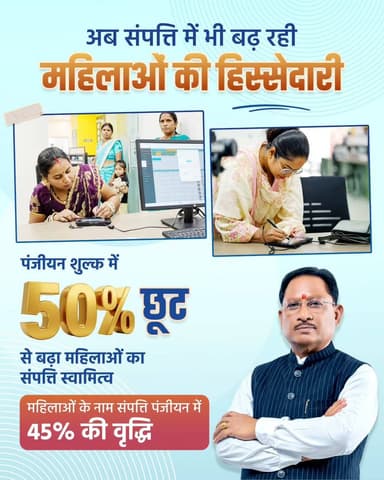 मुख्यमंत्री श्री विष्णु देव साय के विजन के अनुरूप महिलाओं के संपत्ति स्वामित्व को बढ़ावा देने की दिशा में राज्य सरकार निरंतर कार्य कर रही है।
पंजीयन शुल्क में 50% छूट से महिलाओं के नाम संपत्ति पंजीयन को निरंतर प्रोत्साहन मिल रहा है, जिससे महिला स्वामित्व और आर्थिक सशक्तिकरण को मजबूती मिल रही है।
हमारे व्हॉट्सऐप चैनल से जुड़ने के लिए लिंक पर क्लिक करें... https://whatsapp.com/channel/0029VbBdXyRJf05ivBgauG3V
#Chhattisgarh #सुशासन_सरकार #SushasanSarkar
@MinistryWCD
@vishnudsai
@ChhattisgarhCMO
@WCDCgGov