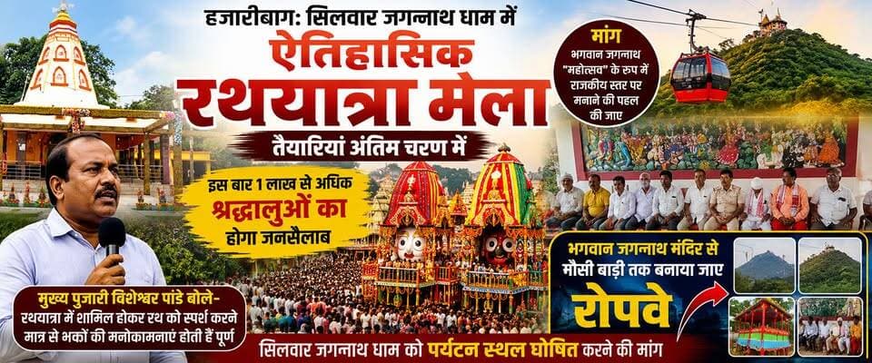 🚩 ऐतिहासिक सिलवार रथयात्रा मेला- हजारीबाग 🚩
1 लाख से अधिक श्रद्धालुओं होते हैं शामिल मुख्य पुजारी विशेश्वर पांडे ने कहा कि रथयात्रा में शामिल होकर भगवान के रथ को स्पर्श करने मात्र से श्रद्धालुओं की मनोकामनाएं पूर्ण होती हैं।
सिलवार जगन्नाथ धाम को पर्यटन स्थल घोषित करने, "भगवान जगन्नाथ महोत्सव" के रूप में राजकीय स्तर पर मनाने तथा भगवान जगन्नाथ मंदिर से मौसी बाड़ी तक रोपवे निर्माण की मांग
📍 पूरी खबर और ऐतिहासिक रथयात्रा की जानकारी
🙏 वीडियो को Like, Share और Follow करना न भूलें।
#SilwarRathYatra #JagannathDham #Hazaribagh #RathYatra2026 #JagannathMahotsav #Tourism #Ropeway #Jharkhand #Silwar #LordJagannath #BreakingNews #UgtaJharkhand #HazaribaghNews #ReligiousNews #JharkhandTourism #Festival #ViralVideo #FacebookVideo