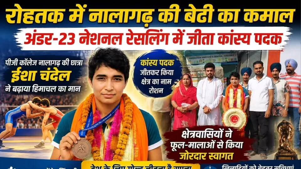रोहतक में नालागढ़ की बेटी का कमाल, अंडर-23 नेशनल रेसलिंग में जीता कांस्य पदक
पीजी कॉलेज नालागढ़ की छात्रा ईशा चंदेल ने बढ़ाया हिमाचल का मान
क्षेत्रवासियों ने फूल-मालाओं से किया जोरदार स्वागत, ओलंपिक में गोल्ड जीतना है सपना
खिलाड़ियों को बेहतर सुविधाएं देने की उठी मांग, बेटियां हर क्षेत्र में कर रहीं उत्कृष्ट प्रदर्शन
#EshaChandel #Nalagarh #Rohtak #NationalWrestling #Under23 #BronzeMedalist #HimachalPradesh #ProudMoment #GirlsInSports #WomenWrestling #IndianWrestling #PGCollegeNalagarh #OlympicDream #AsianGames #BetiyanKisiSeKamNahi #SportsNews #WrestlingChampion #HimachalNews #NalagarhNews #BreakingNews #ViralNews #GoldDream #Champion #Inspiration #YouthPower