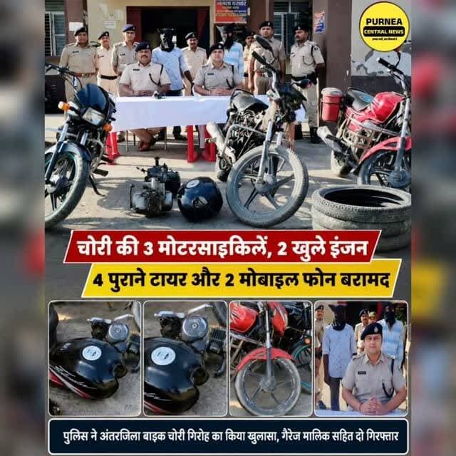 पूर्णिया पुलिस ने अंतरजिला मोटरसाइकिल चोर गिरोह का भंडाफोड़ करते हुए गैरेज मालिक समेत दो शातिर अपराधियों को गिरफ्तार किया है। सदर एसडीपीओ-2 गौरव कुमार ने बताया कि SSP डॉ. शौर्य सुमन के निर्देश पर चलाए जा रहे अभियान के तहत 13 जुलाई को गुप्त सूचना के आधार पर कार्रवाई की गई।
सबसे पहले कसबा थाना क्षेत्र के तारानगर निवासी 20 वर्षीय आनंद कुमार को गिरफ्तार किया गया। उसकी निशानदेही पर कॉलेज चौक स्थित 'सुपर बाइक रिपेयरिंग सेंटर' में छापेमारी कर गैरेज संचालक 26 वर्षीय मो. तसब्बर को भी गिरफ्तार कर लिया गया।
पुलिस ने गैरेज से चोरी की 3 मोटरसाइकिलें, 2 खुले इंजन, 4 पुराने टायर और 2 मोबाइल फोन बरामद किए हैं। पुलिस के अनुसार यह एक सक्रिय अंतरजिला बाइक चोर गिरोह है, जो चोरी की बाइक के पुर्जे खोलकर बेचता था। गिरोह के अन्य सदस्यों की पहचान कर उनकी गिरफ्तारी के लिए लगातार छापेमारी की जा रही है।
#Purnia #BiharPolice #PurniaPolice #news #biketheft