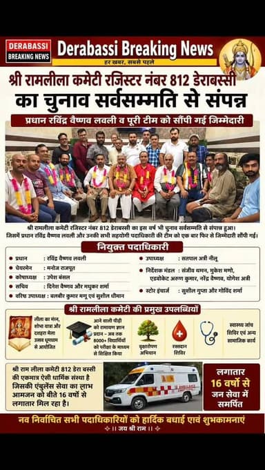 श्री रामलीला कमेटी 812 डेराबस्सी में फिर बनी सर्वसम्मति, रविंद्र वैष्णव लवली पर दोबारा जताया भरोसा
