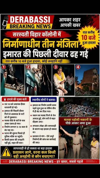 सरस्वती विहार कॉलोनी में निर्माणाधीन तीन मंजिला इमारत की पिछली दीवार ढह गई#derabassibreakingnews #zirakpur #derabassi #breakingnews #mohali