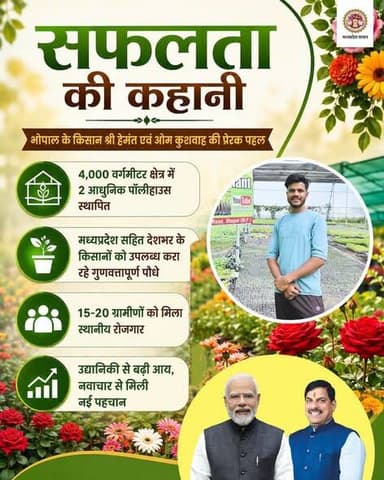 भोपाल के किसान श्री हेमंत एवं ओम कुशवाह की प्रेरक पहल
▶️MIDH योजना के तहत ₹45 लाख का ऋण प्राप्त कर विकसित की आधुनिक नर्सरी
▶️8 एकड़ सिंचित भूमि पर गुलाब, जरबेरा, गेंदा एवं नारंगा जैसे फूलों का
उद्यानिकी से बढ़ी आय, नवाचार से मिली नई पहचान
#HorticultureMP #JansamparkMP #MIDH #MadhyaPradesh