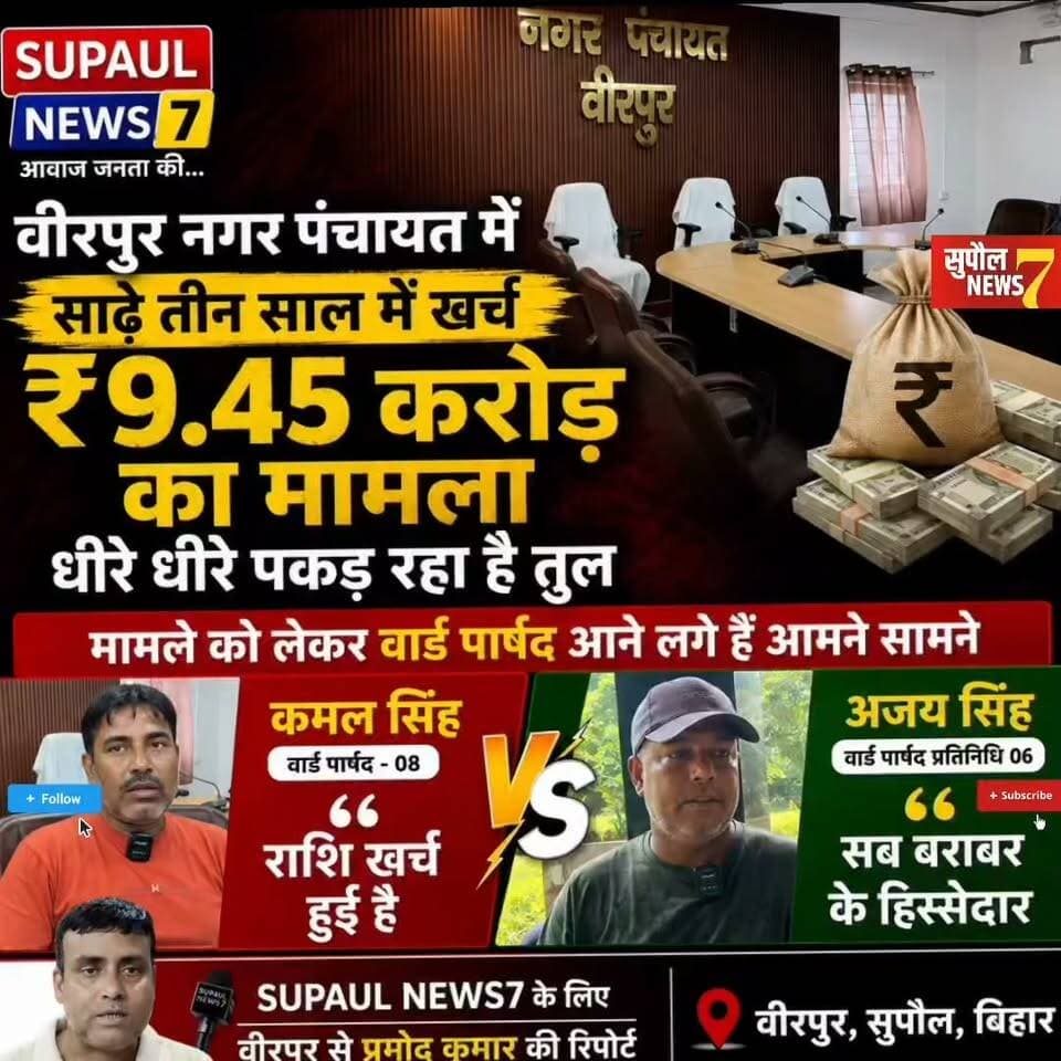 BREAKING : सुपौल जिले के वीरपुर नगर पंचायत में 9.45 करोड़ रुपए के हिसाब को लेकर अब वार्ड के पार्षद भी आने लगे हैं सामने, किसी ने कहा राशि खर्च हुई है तो किसी ने सभी को बराबर का हिस्सेदार माना
#viralreels #fbreels #Chhatapur #treding #reels #birpur #BreakingNews #Supaul #newsfeed #BIHAR #NagarPanchayat #followers #trending District Administration Supaul Niraj Kumar Singh Breaking News Supaul NEWS7 #nagarvikasvibhag