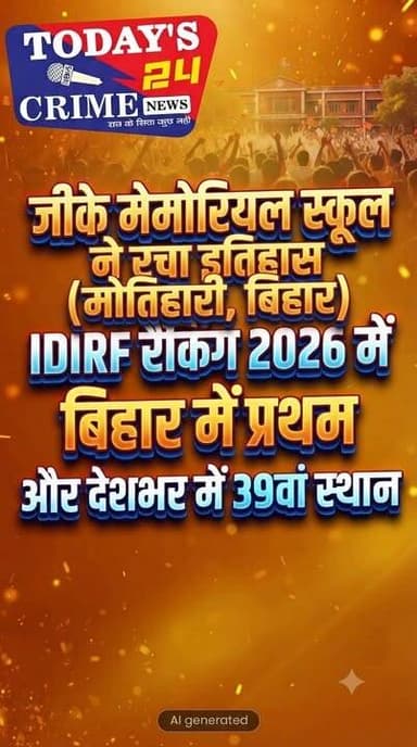 जीके मेमोरियल स्कूल ने रचा इतिहास, आईडीआईआरएफ स्कूल रैंकिंग 2026 में बिहार में प्रथम और देशभर में 39वां स्थान
पूर्वी चंपारण के जीके मेमोरियल स्कूल ने शिक्षा के क्षेत्र में एक और महत्वपूर्ण उपलब्धि हासिल करते हुए आईडीआईआरएफ (IDIRF) इंडिपेंडेंट स्कूल रैंकिंग 2026 में बिहार के सभी निजी स्कूलों में पहला स्थान प्राप्त किया है। इसके साथ ही विद्यालय ने राष्ट्रीय स्तर पर भी शानदार प्रदर्शन करते हुए देशभर के निजी विद्यालयों में 39वीं रैंक हासिल की है। इस उपलब्धि से पूरे पूर्वी चंपारण और बिहार में खुशी का माहौल है।।।।।।
#champaranfirstnews #chakianew #motiharinews #amiteshkumar #biharnews #ranita #news18biharjharkhand #bihareksoch #motiharipolice #motiharinewsupdate #Todays_24_Crime_News #motiharpolice #motihari #motiharisp #SSB #ssbmotihari #nepal #nepalnews #NepaliNewsToday #NepalPolitics #IndoNepalBorder #IndoNepal #Internacional #international #InternationalNews #international #internationalrelations #BMW #MangalPandey #helthdipartmentbihar