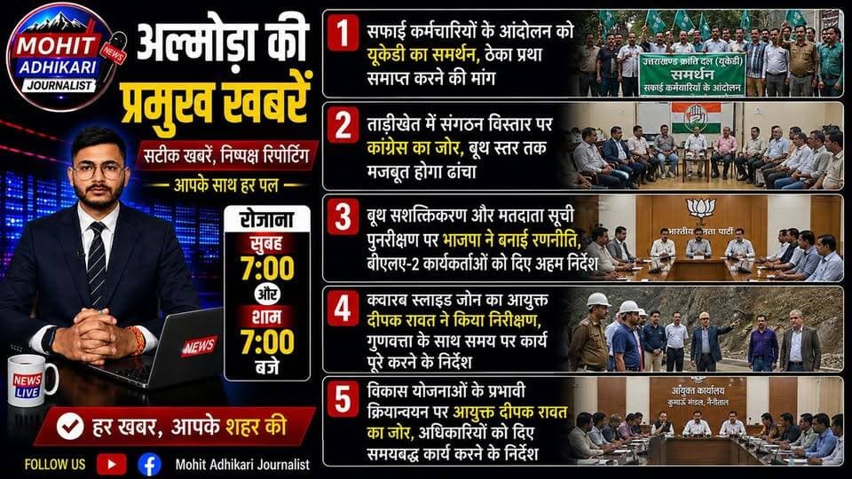 📰 अल्मोड़ा की प्रमुख खबरें | आज की 5 बड़ी अपडेट
आज के प्रमुख समाचारों में देखिए—
✅ सफाई कर्मचारियों के आंदोलन को उत्तराखंड क्रांति दल (यूकेडी) का समर्थन, ठेका प्रथा समाप्त करने की मांग।
✅ ताड़ीखेत में कांग्रेस ने संगठन विस्तार को लेकर बनाई रणनीति, बूथ स्तर तक संगठन मजबूत करने पर जोर।
✅ भाजपा की बैठक में बूथ सशक्तिकरण और मतदाता सूची पुनरीक्षण को लेकर बीएलए-2 कार्यकर्ताओं को दिए गए अहम निर्देश।
✅ क्वारब स्लाइड जोन का आयुक्त दीपक रावत ने किया निरीक्षण, गुणवत्ता और समयबद्ध कार्य पूरे करने के निर्देश।
✅ विकास योजनाओं की समीक्षा बैठक में आयुक्त दीपक रावत ने अधिकारियों को समयसीमा के भीतर कार्य पूर्ण करने के निर्देश दिए।
📺 रोजाना सुबह 7:00 बजे और शाम 7:00 बजे देखिए अल्मोड़ा की प्रमुख खबरें।
👍 वीडियो पसंद आए तो Like, Share और Comment करें। चैनल को Subscribe करना न भूलें।
सटीक खबरें | निष्पक्ष रिपोर्टिंग | आपके साथ हर पल।
#Almora #AlmoraNews #Uttarakhand #UKD #Congress #BJP #DeepakRawat #BreakingNews #LocalNews