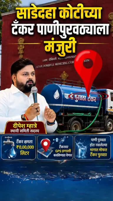 साडेदहा कोटीच्या टँकर पाणीपुरवठ्याला मंजुरी
पाणी टँकरवर GPS प्रणाली बसवण्यासह
पाणी पुरवठा होत नसलेल्या भागात मोफत टँकर देण्याचे प्रशासनाला दिले आदेश
स्थायी समिती सदस्य दीपेश म्हात्रे यांची माहिती