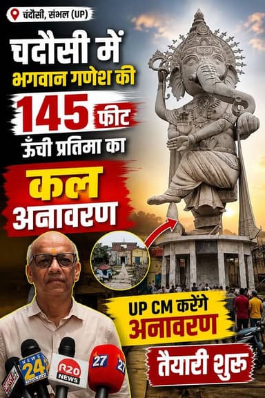 Chandausi में भगवान श्री गणेश की 145 फिट ऊँची भव्य प्रतिमा का कल सीएम योगी करेंगे अनावरण तैयारियां शुरू।